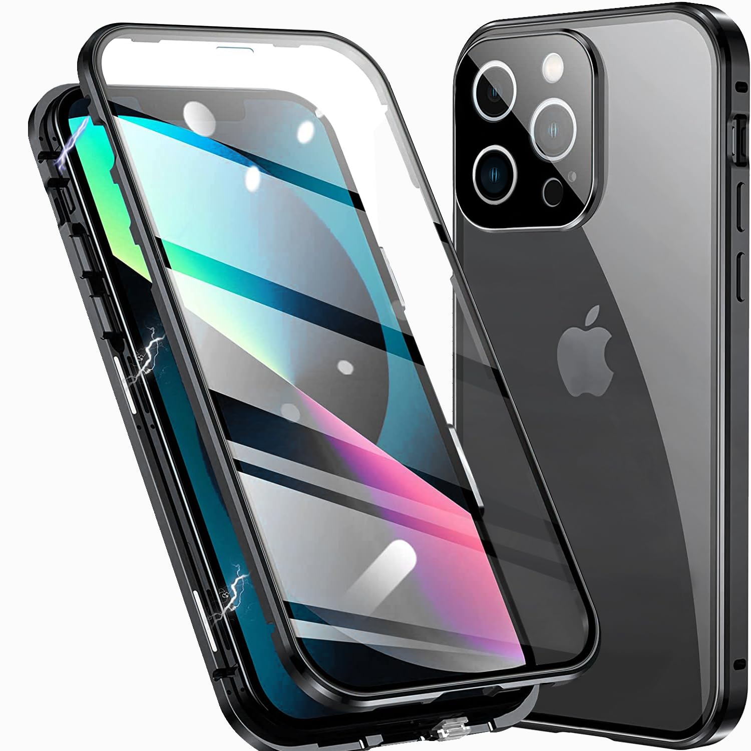 TOPF&B Case for iPhone 15 Pro Max Magnetic Cover,Transparent Tempered Glass Full Cover with Camera Protector,360 Degree Metal Bumper Case for iPhone 15 Pro Max,Clear Black