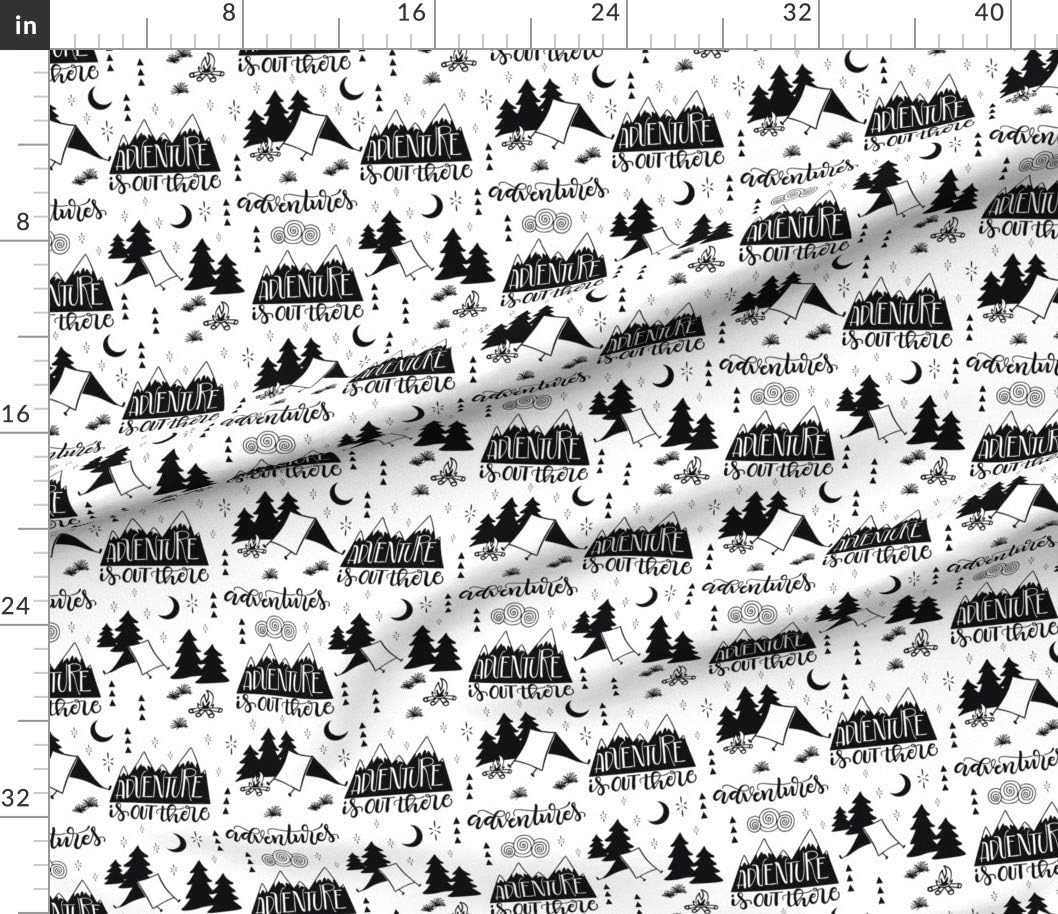 Spoonflower Fabric - Adventure Out White Background Black Nursery Woodland Campfire Camping Printed on Petal Signature Cotton Fabric Fat Quarter - Sewing Quilting Apparel Crafts Decor