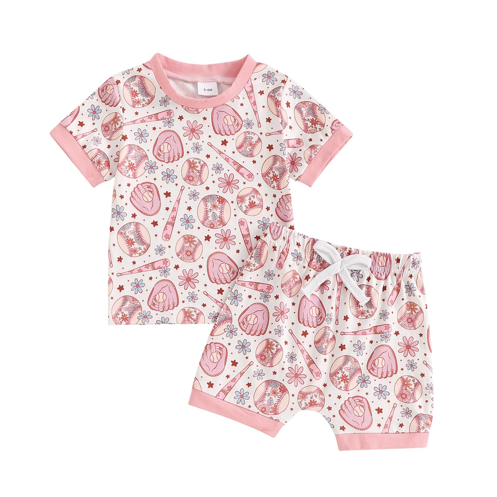 Toddler Baby Boy Girl Baseball Outfit Baseball Tee Shirt Top+Baseball Shorts Set Baby Summer Sportswear Tracksuit (Floral Baseball Pink A, 0-6 Months)