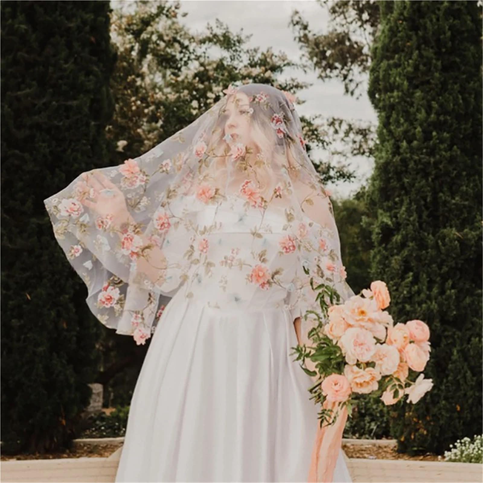 Amazon.com: Floral Pink Flowers Embroidered Wedding Veil, Princess