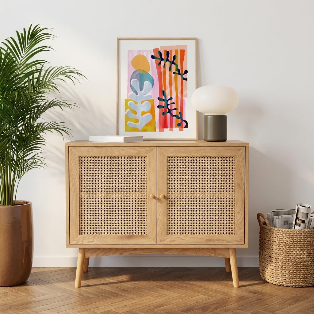 Mbele view of the BAITA INES Buffet, showcasing its two doors with woven cane panels and wooden handles.