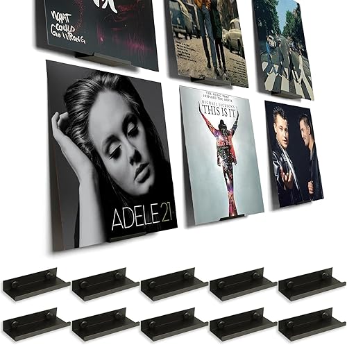 BiJun Paquete de 10 estantes de discos de vinilo para montaje en pared, soporte de vinilo de metal blanco para montaje en pared, soporte minimalista