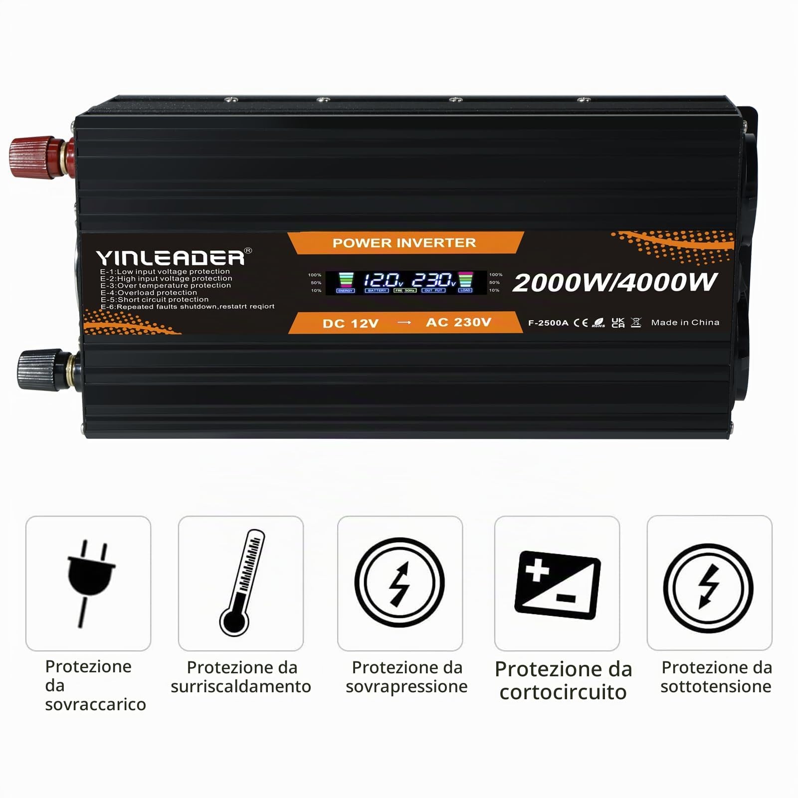 Yinleader Invertitore 12 V 230 V 2000 W con display LCD DC 12 V a 230 V AC potenza di picco inverter con 2 prese UE e porta USB per auto, campeggio, camion/4000 W