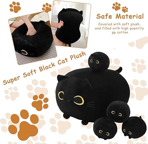 Miniatura 4 de Peluche de gato negro, animal de peluche de mamá gata negra con 4 gatitos negros bebés para apretar en su barriga, almohadas suaves y bonitas para