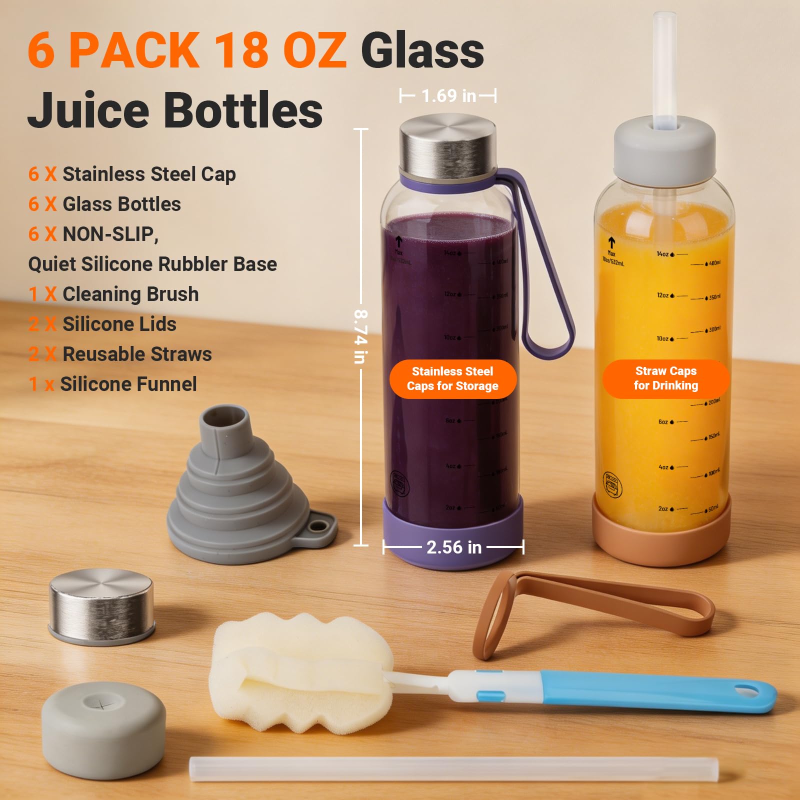Sursip 18 oz Glass Water Bottles, 6 Pack