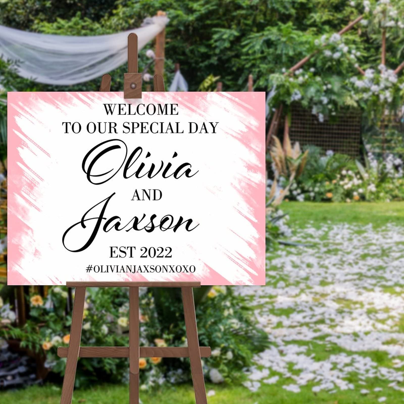 Letrero de bienvenida para boda y baby shower personalizado en altar exterior