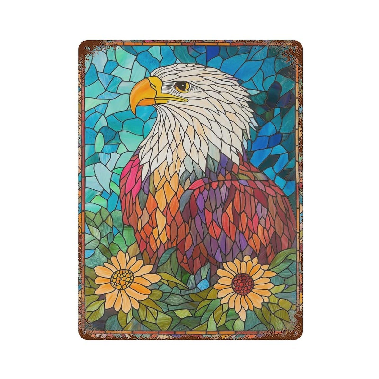 Garage Style Stained Glass Eagle Aged Metal Wall Plaque 15.7"x11.8", Farmhouse Wall Decor for Bar And Workshop