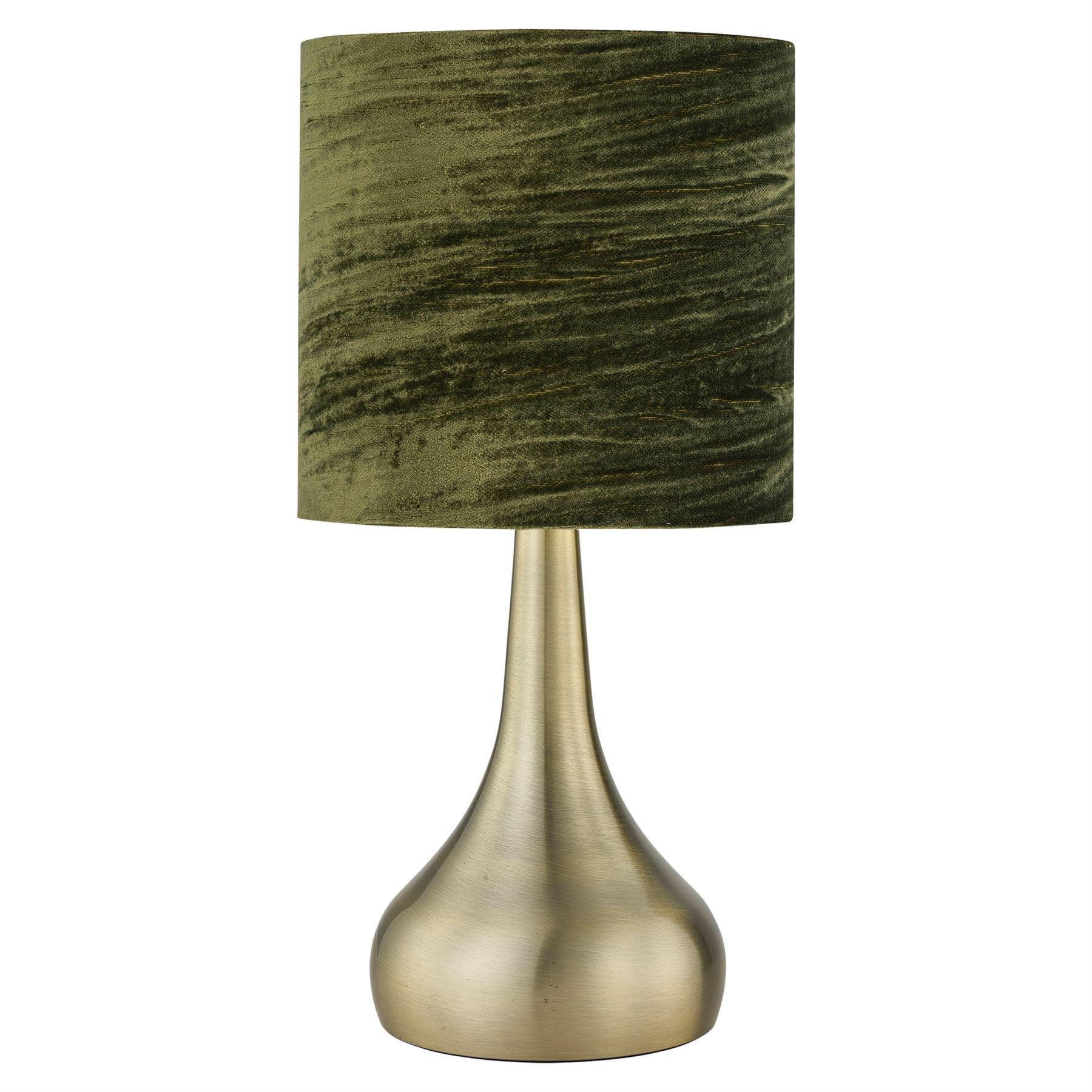 Firstchoicelighting Antique Brass & Dark Green Antique Brass Touch Operated Table Lamp Or Bedside Light, Modern Design, Height 36Cm, Green Crushed Velvet Shade, Led Compatible