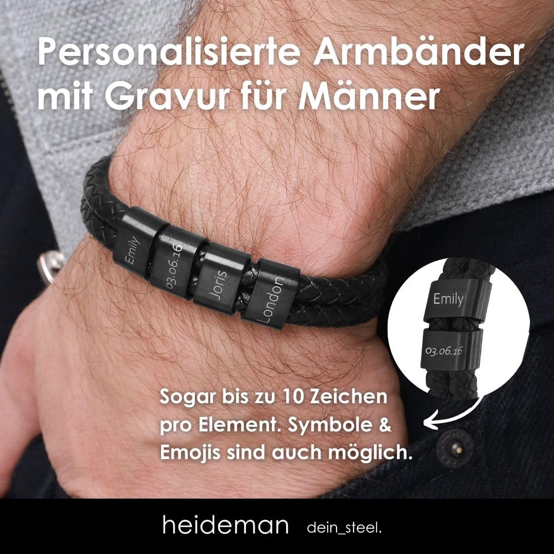 Heideman Armband Herren aus Leder schwarz matt - Lederarmband Elian mit schwarzen Gravurplättchen für Männer - Personalisiertes Geschenk