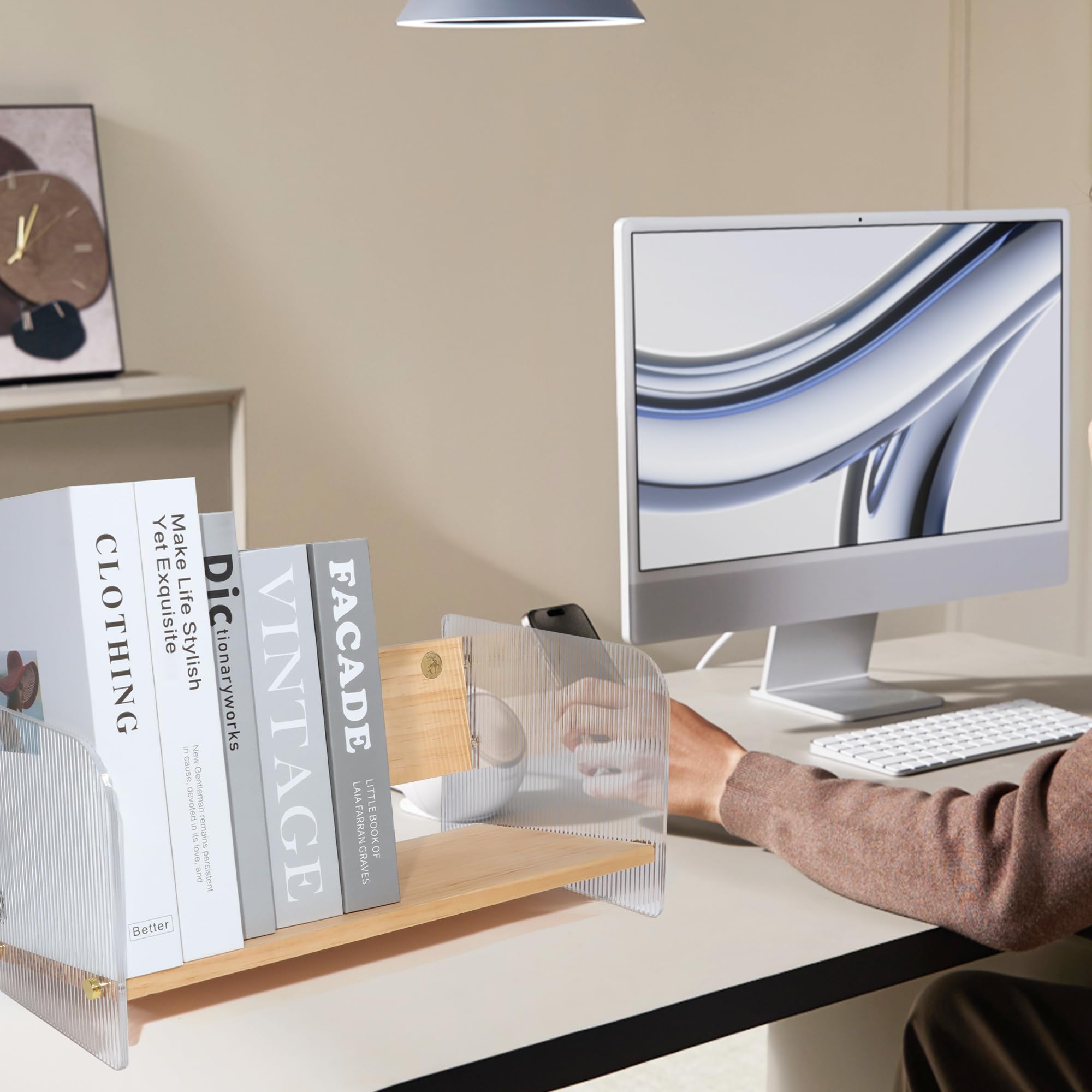 Piccolo scaffale per libri, mensole da scrivania per piccoli spazi, organizer per libri per casa e ufficio, in acrilico combinato con librerie in legno di pino, espositore per libri per