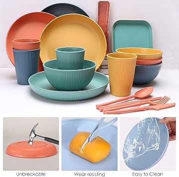 48pcs Unbreakable Dinnerware Sets for 4 People, Camping/Picnic Dinner Sets, Lightweight Colorful BBQ Plastic Serving Plates, Bowls, Cups,Cutlery Set, Forks,Tableware