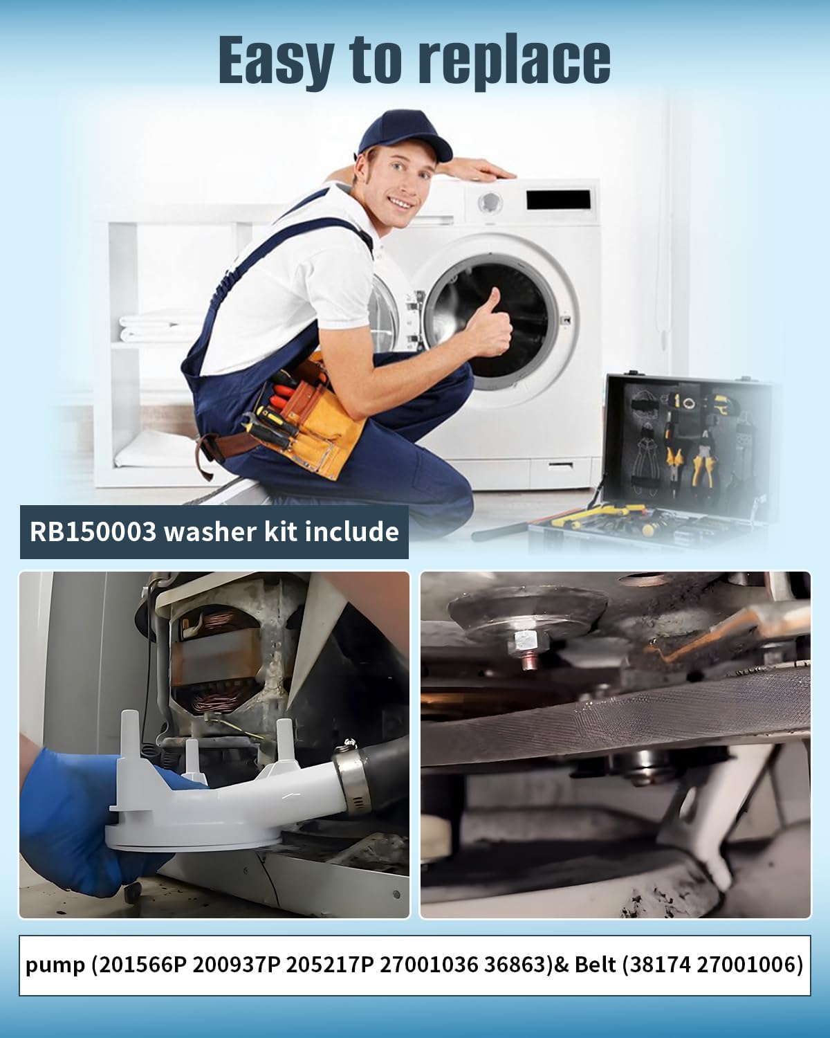 RB150003 Washer Drain Pump Belt Kit Fit for Alliance Speed Queen Belt & Pump Model M/N 8/Post, Replace 201566P 27001036