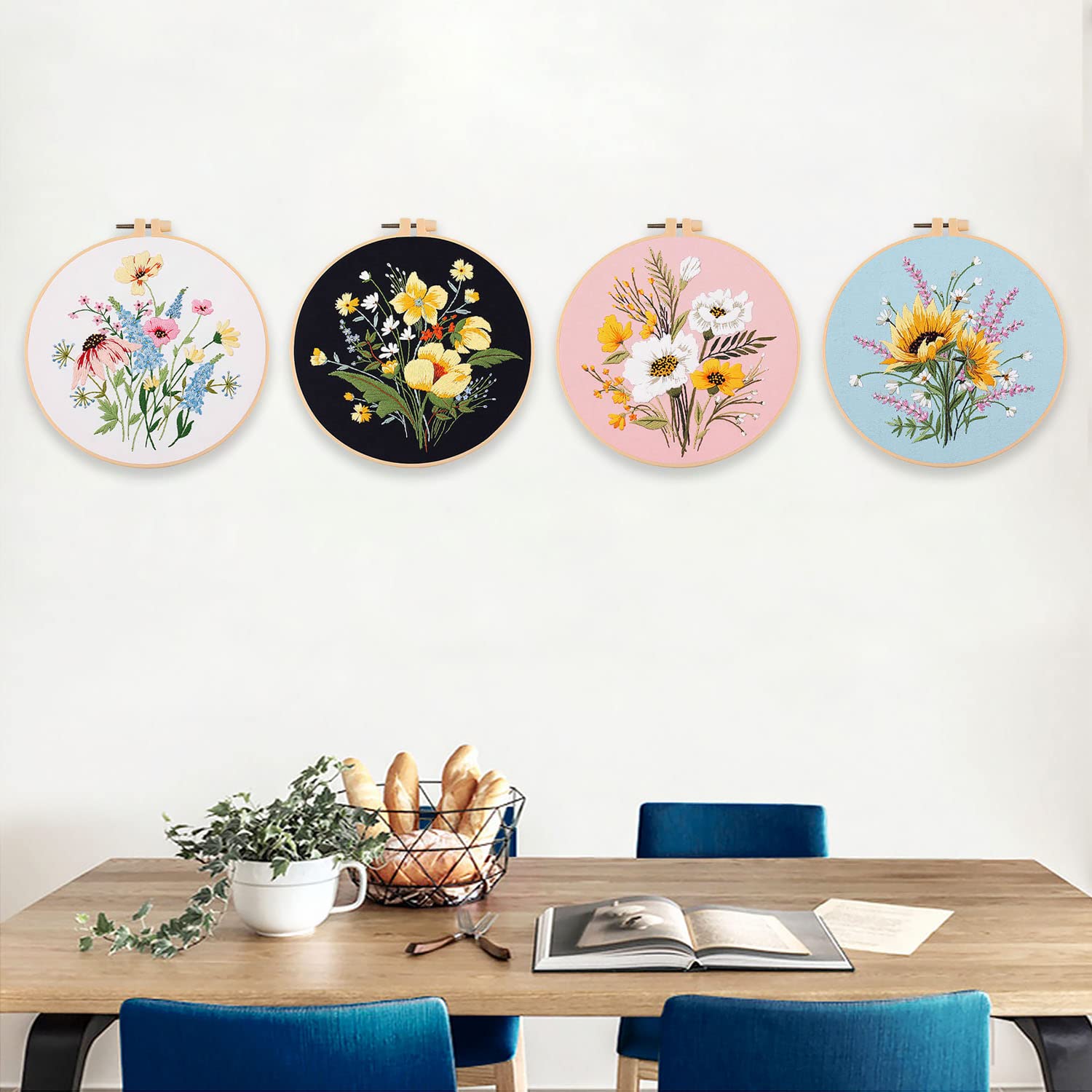 4 Sets Cross Stitch Embroidery Kits for Beginners Adults, Flower Stamped Pre Printed Cross Stitch Kits, Full Range of Embroidery Starter Kit with Instructions, 4PCS Embroidery Hoops, Threads and Tools