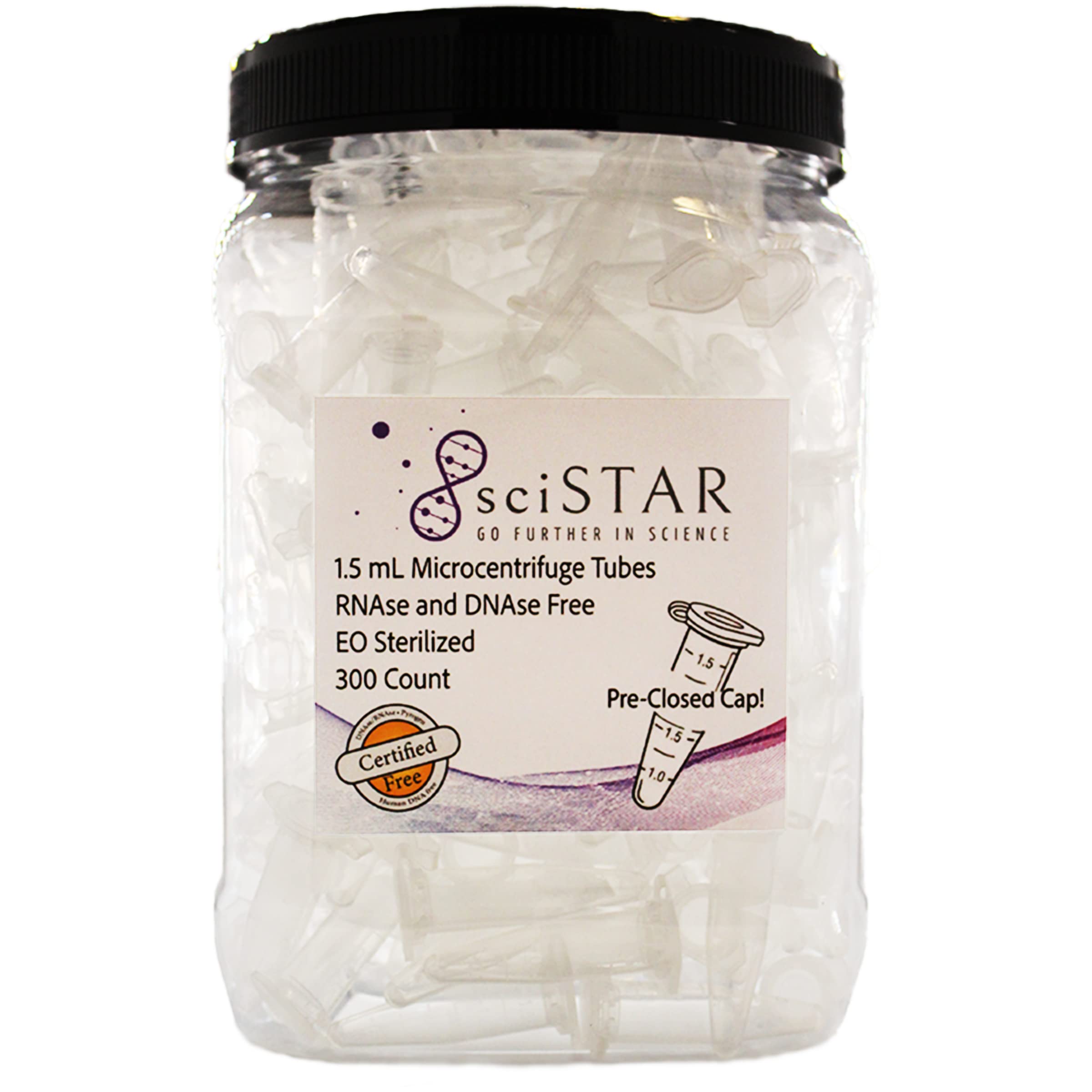 1.5ml Microcentrifuge Tubes – sterile – pre-Closed! – with snap Cap: 1.5ml, RNase/DNase Free, Polypropylene Tubes, Container of 300