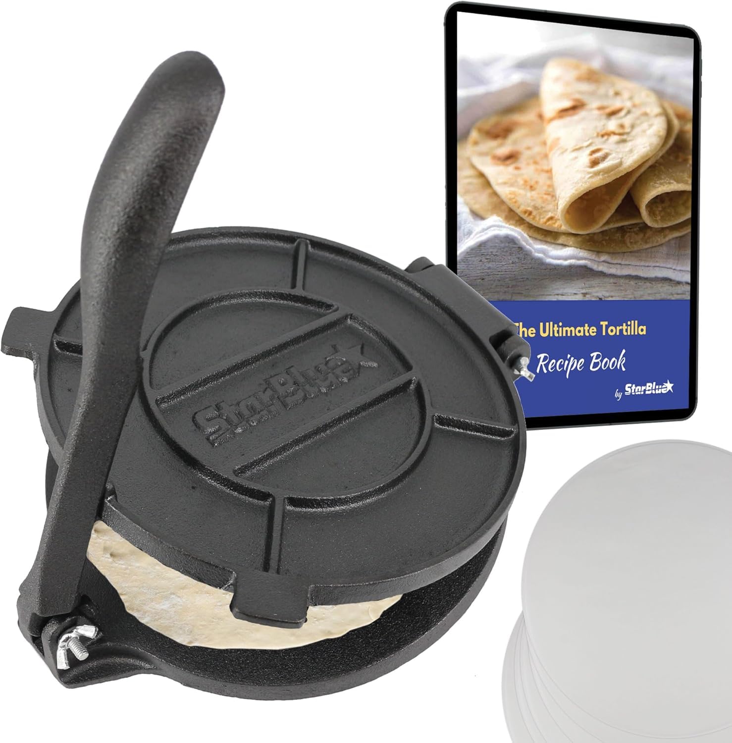 StarBlue - Stampo Per Tortilla In Ghisa Da 20,3 Cm Con 100 Pezzi Di Carta Oleata Ed Ebook Di Ricette In Omaggio, Con Strumento Per Realizzare Chapati In Stile Indiano, Tortillas, Roti
