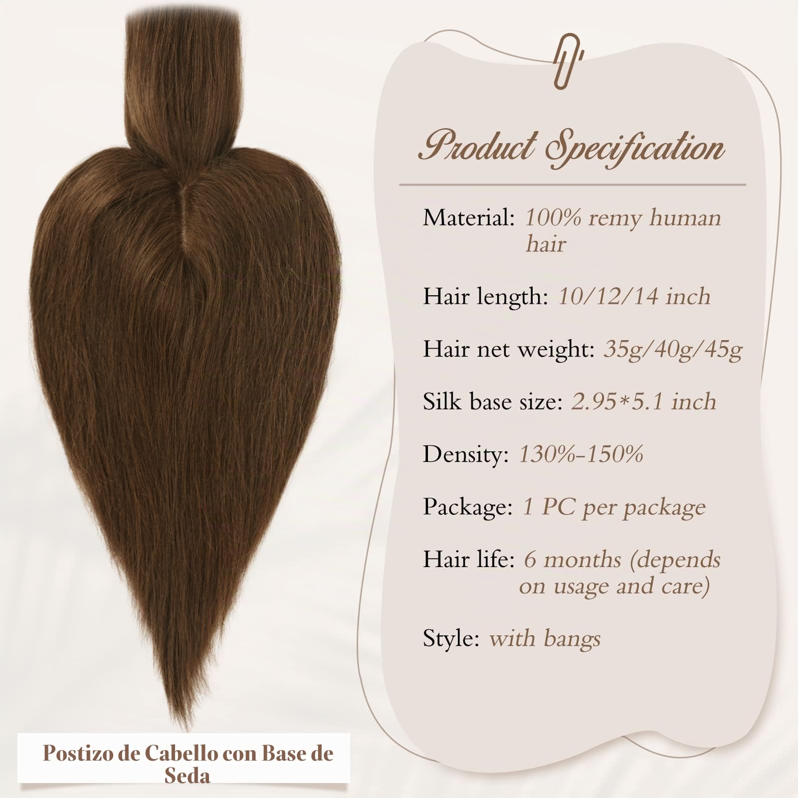 RUWISS Cabello Humano para Mujeres Corona de Extensiones de Cabello Corto Pelucas para el Adelgazamiento del Cabello 7.5 * 13CM Base de Seda 100% Cabello Humano Clip in Topper 30cm 40g (Marrón medio)