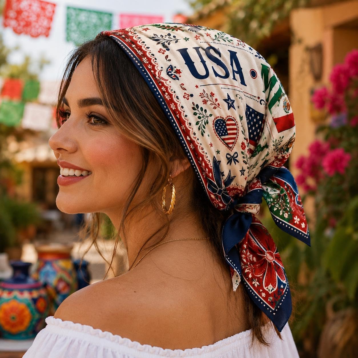 USA Mexico Satin Hair Scarf for Women, Mexican American Bandana Square Head Wrap, Neck Scarf for Hair or Bag, Fiesta Outfit