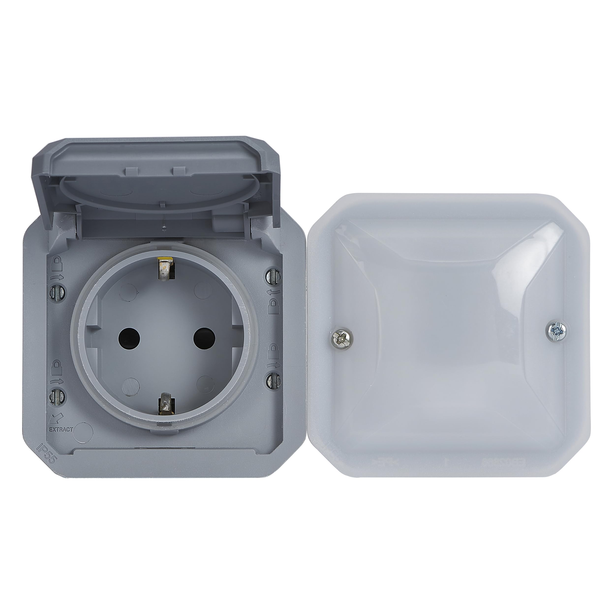 LEGRAND, Plexo New Connected-Feuchtraum-Steckdose, Smart-Home, Aufputz-Steckdose, Schuko-Standard, Home+Control-App, IP44 - IK07 staub- und schmutzbeständig, 16 A, 3680 W, Farbe: Grau, 069877L