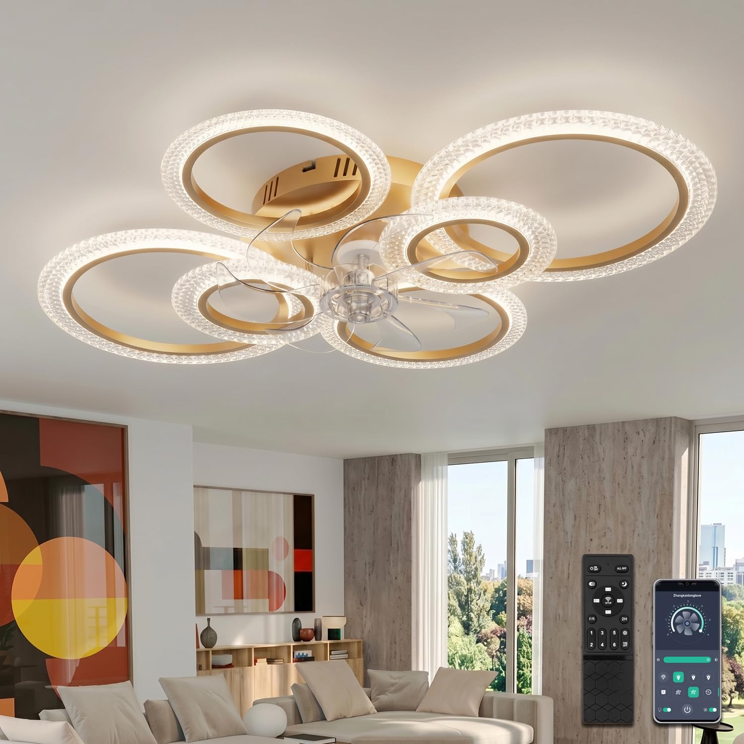 LED Deckenventilator mit Beleuchtung, 88x68x15 cm Ultraflach, 40W 6000lm Dimmbar (App/Fernbedienung), Leiser DC-Motor (Sommer/Winter), Schlafzimmer & Wohnzimmer Deckenleuchte, Gold