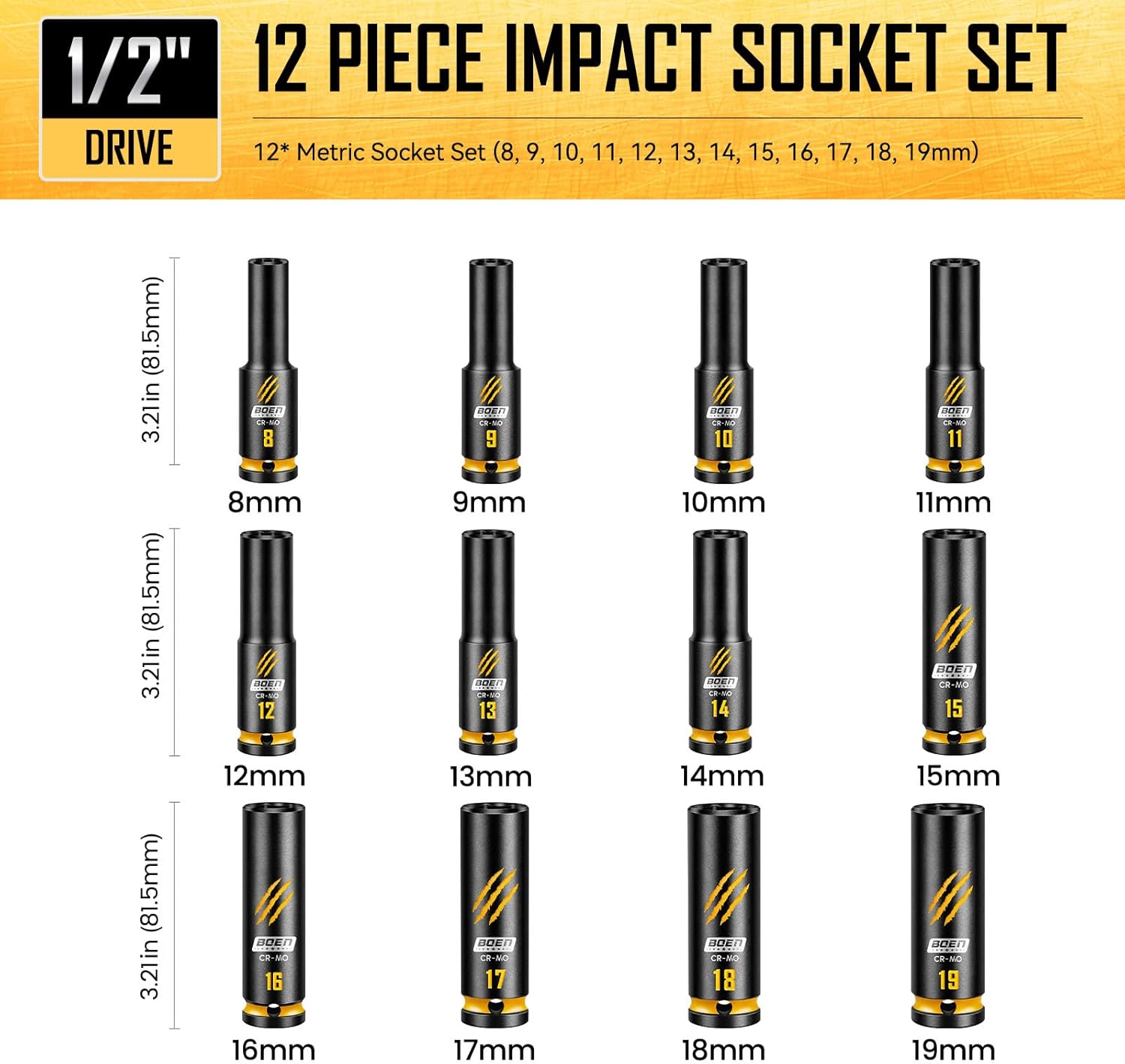 BOEN 12-Piece 1/2" Drive Deep Impact Socket Set, Metric Sockets (8-19mm), 6-Point CR-MO Steel with Deep Embossed and Painted Marking