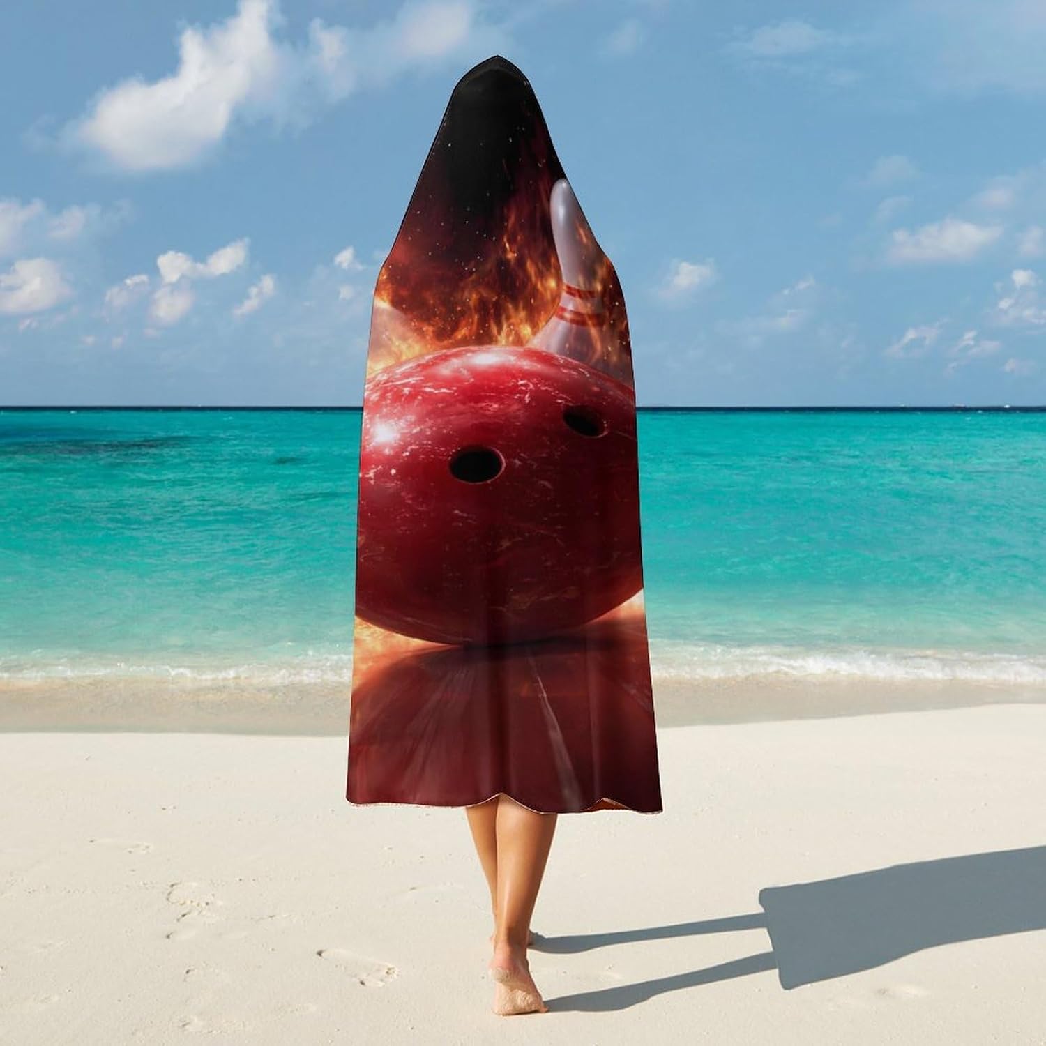 Funny Fire Flames Bowling Wearable Blanket Oversized Throw Cape | Cozy Hooded Blanket Gifts for Women Men