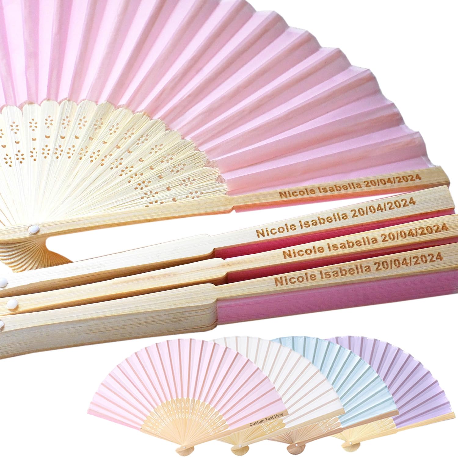 HaEnLab 20 Sets Personalized Pink Hand Fans, Custom Engraved Folding Fans for Wedding Guests, Bamboo Folded Handheld Fan Wedding Fan Bridal Dancing
