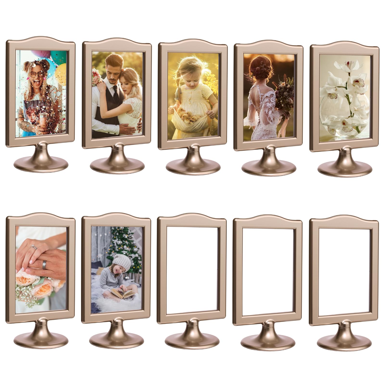 Meonua Double Sided Standing Picture Frames 4 x 6 Inch Pedestal Photo Frame Plastic Self Standing Frame Holds 2 Pictures Tabletop Frame for Wedding Table Bridal (10 Pack,Champagne Gold)