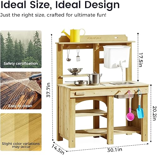 Miniatura 6 de Tiny Land Cocina de barro al aire libre para niños, cocina de madera con tanque de agua, juego de agua y cocina, diversión sensorial, resistente a