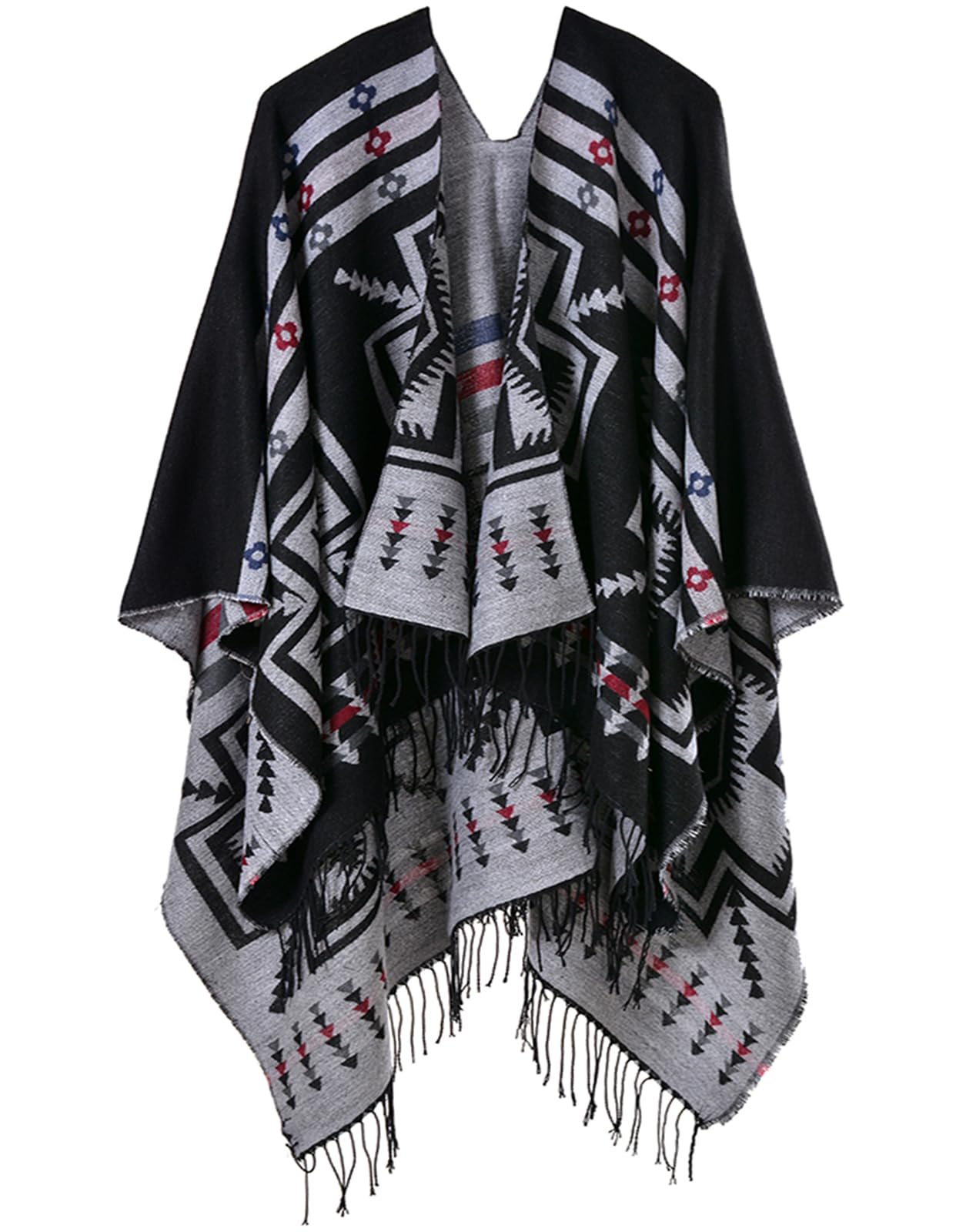 pameila Women's Travel Plaid Shawl Wraps Open Front Poncho Cape Warm Oversized Sweaters Casual Cardigan Shawls for Fall Winter,Series 03-Geometry Black, Series 3-geometry Black, One Size-picture-13