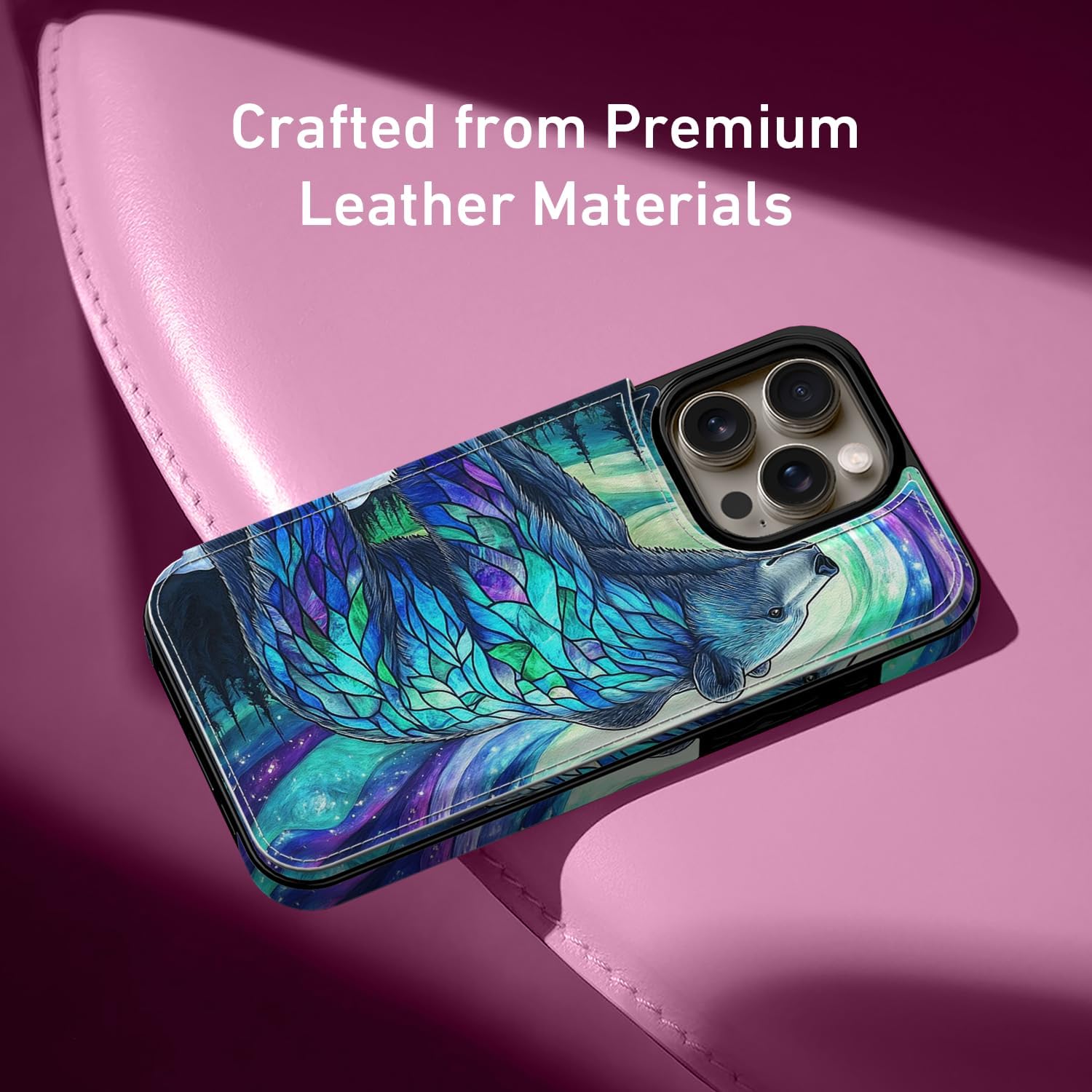 FUNMIKO for iPhone 14 Pro Wallet Case with Card Holder, RFID-Blocking, Military-Grade Protection & UV-Printed Artwork, Magnetic Closure with Leather Kickstand - Prismatic Aurora Bear - Image 4