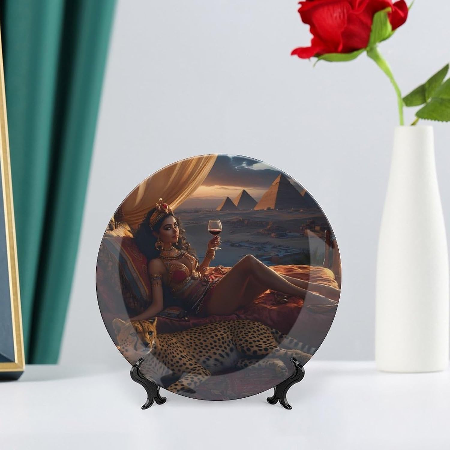 Lady Cheetah Egyptian Pyramids Bone China Decorative Plate with Stand Home Dessert Plates Gift for Men Women 7inch