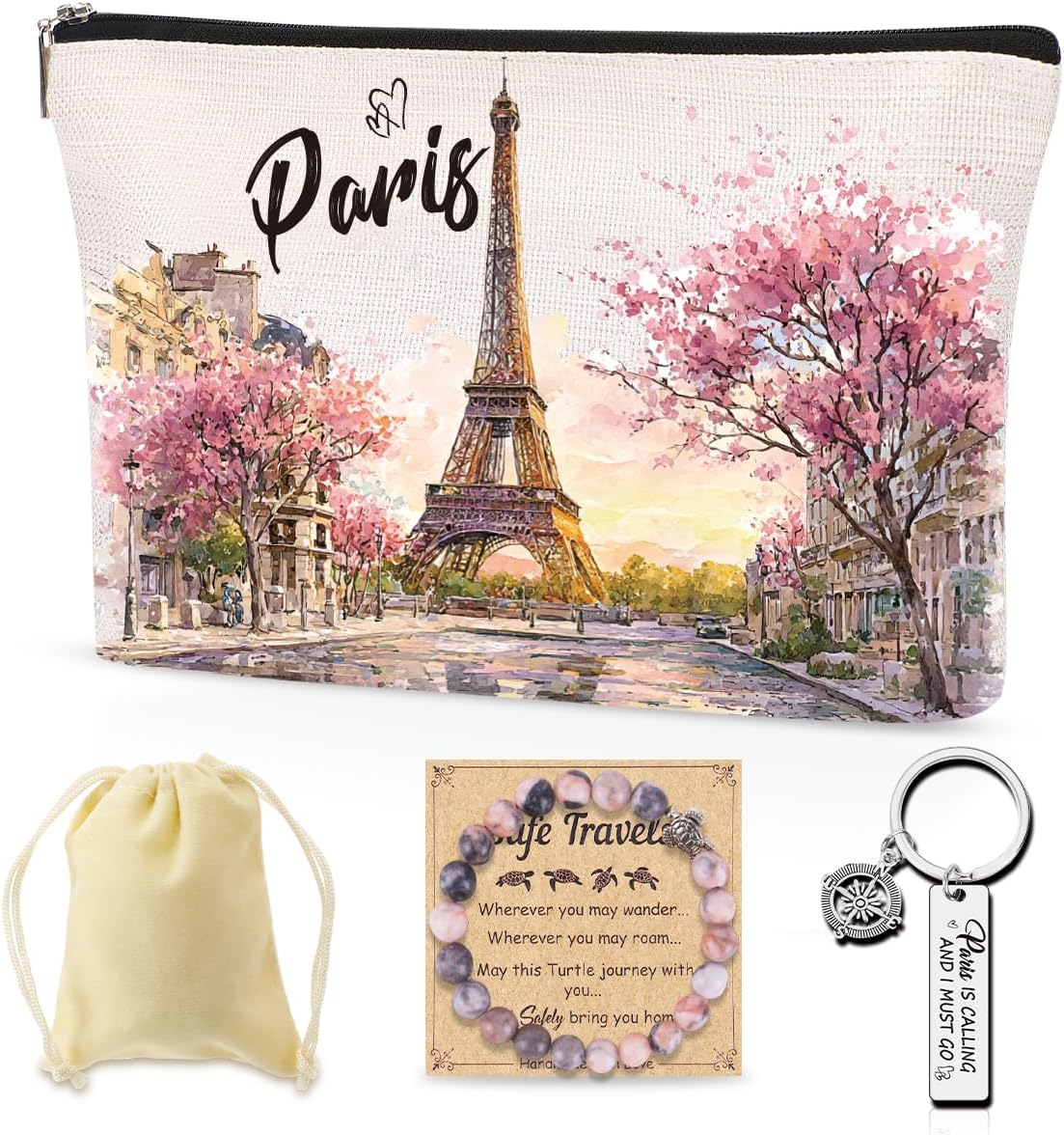 Paris Makeup Bag Gifts for Women, Paris Souvenirs from France, Traval Themed Gifts Set Cosmetic Bag with Bracelet and Keychain, Travel Organizer Toiletry Pouch for Mom Wife Sister Friends