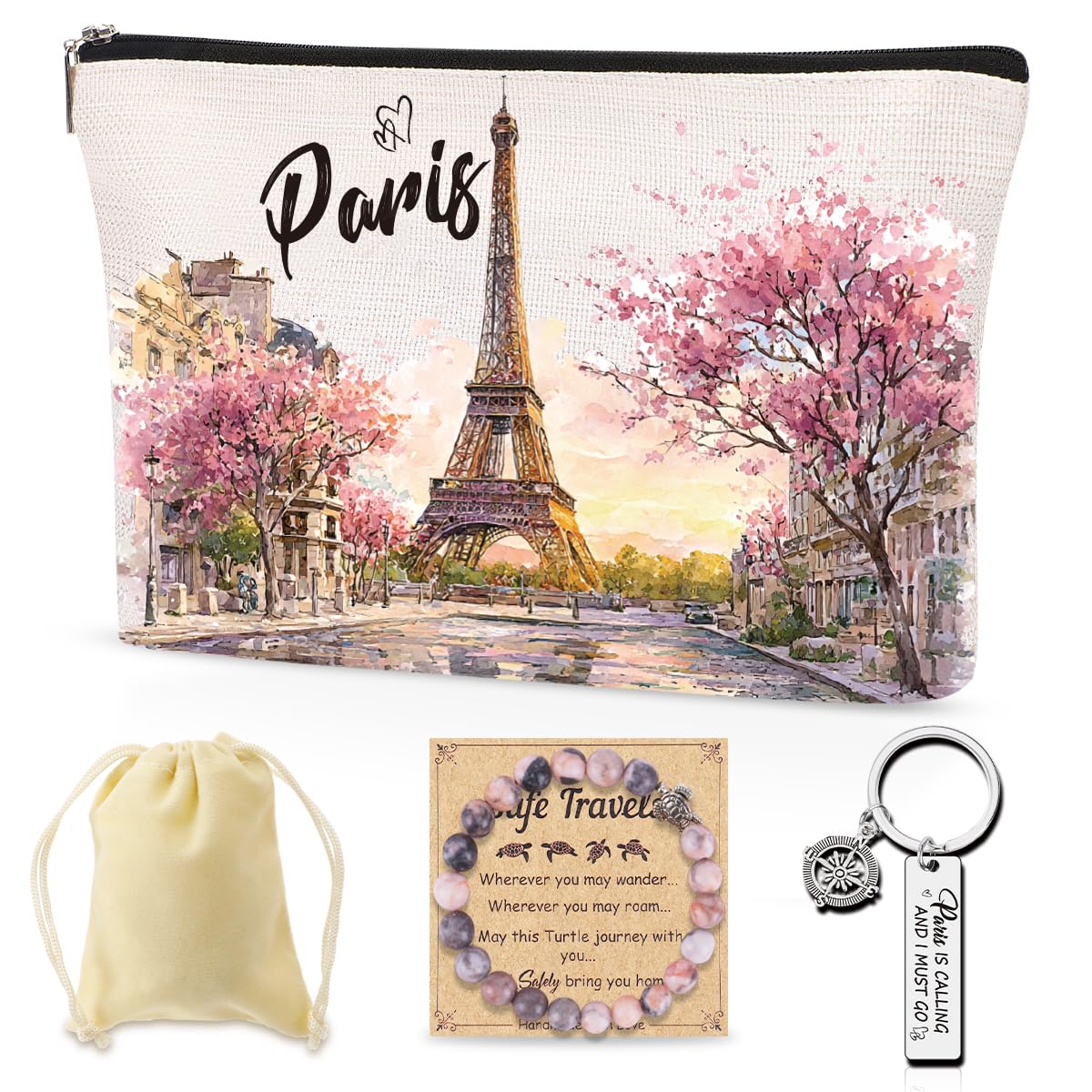 Paris Makeup Bag Gifts for Women, Paris Souvenirs from France, Traval Themed Gifts Set Cosmetic Bag with Bracelet and Keychain, Travel Organizer Toiletry Pouch for Mom Wife Sister Friends