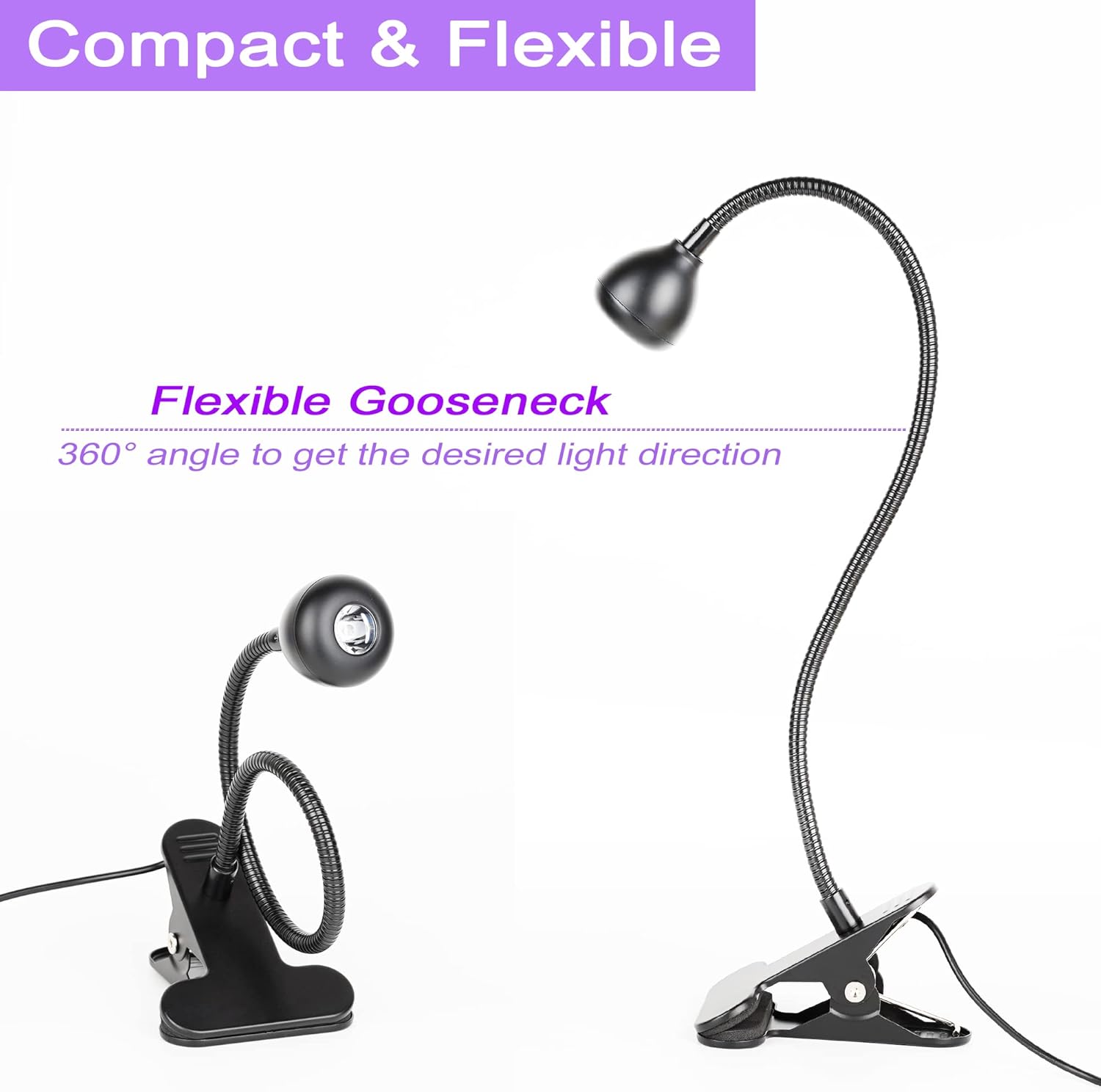 Dos views de la lamp demonstrating its flexible gooseneck
