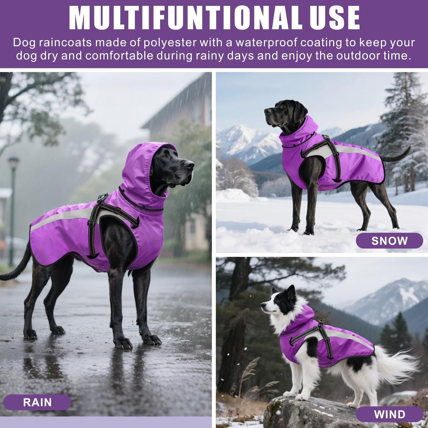Mosucoirl Dog Raincoat Waterproof Raincoats for Dog Reflective Dogs Rain Jackets with Hood Hoodie Pet Rain Poncho Coat for Small Medium Large Dogs Puppies S-XXL (Purple, M)