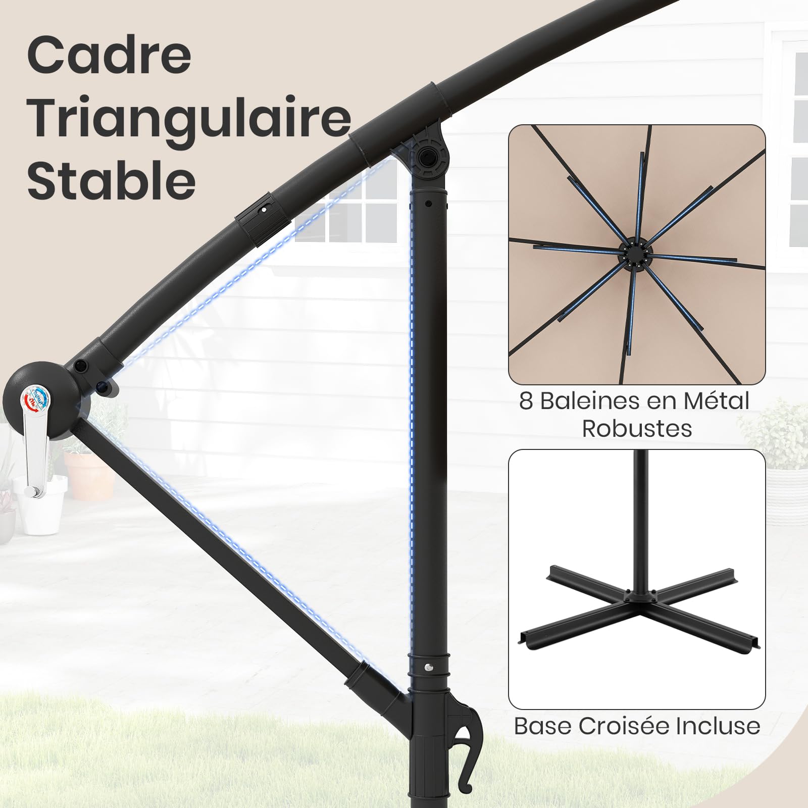 GOPLUS Parasol Déporté 3x3m avec Housse, Grand Parasol de Jardin Exterieur, avec Toile Inclinable 35°, Manivelle et 8 Baleines, pour Terrasse Balcon Patio (Beige)