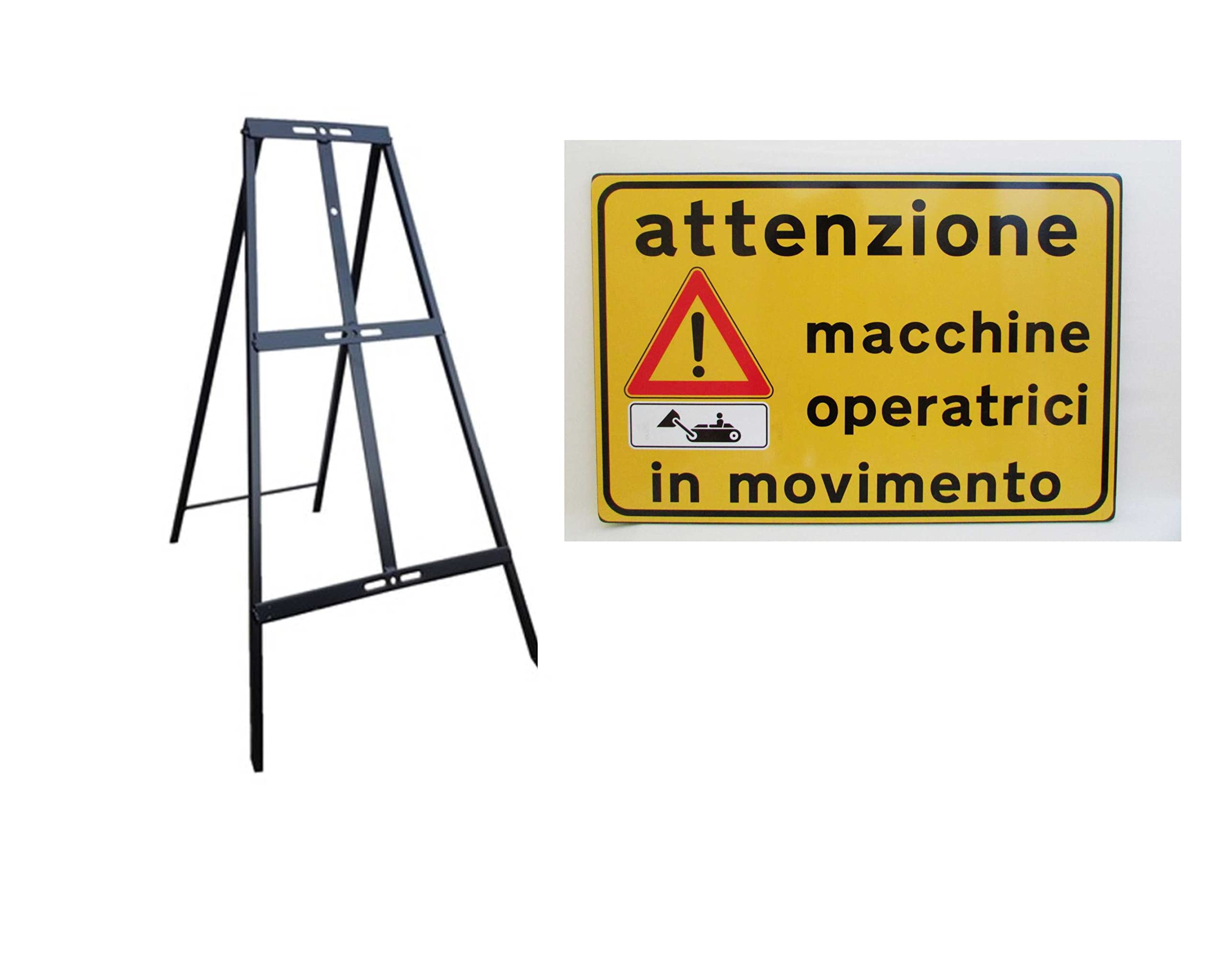 CARTELLO IN LAMIERA SCATOLATA RETTANGOLO 60X40 cm - attenzione macchine operatrici in movimento - SEGNALE CATARIFRAGENTE CON CAVALLETTO (CARTELLO + CAVALLETTO)