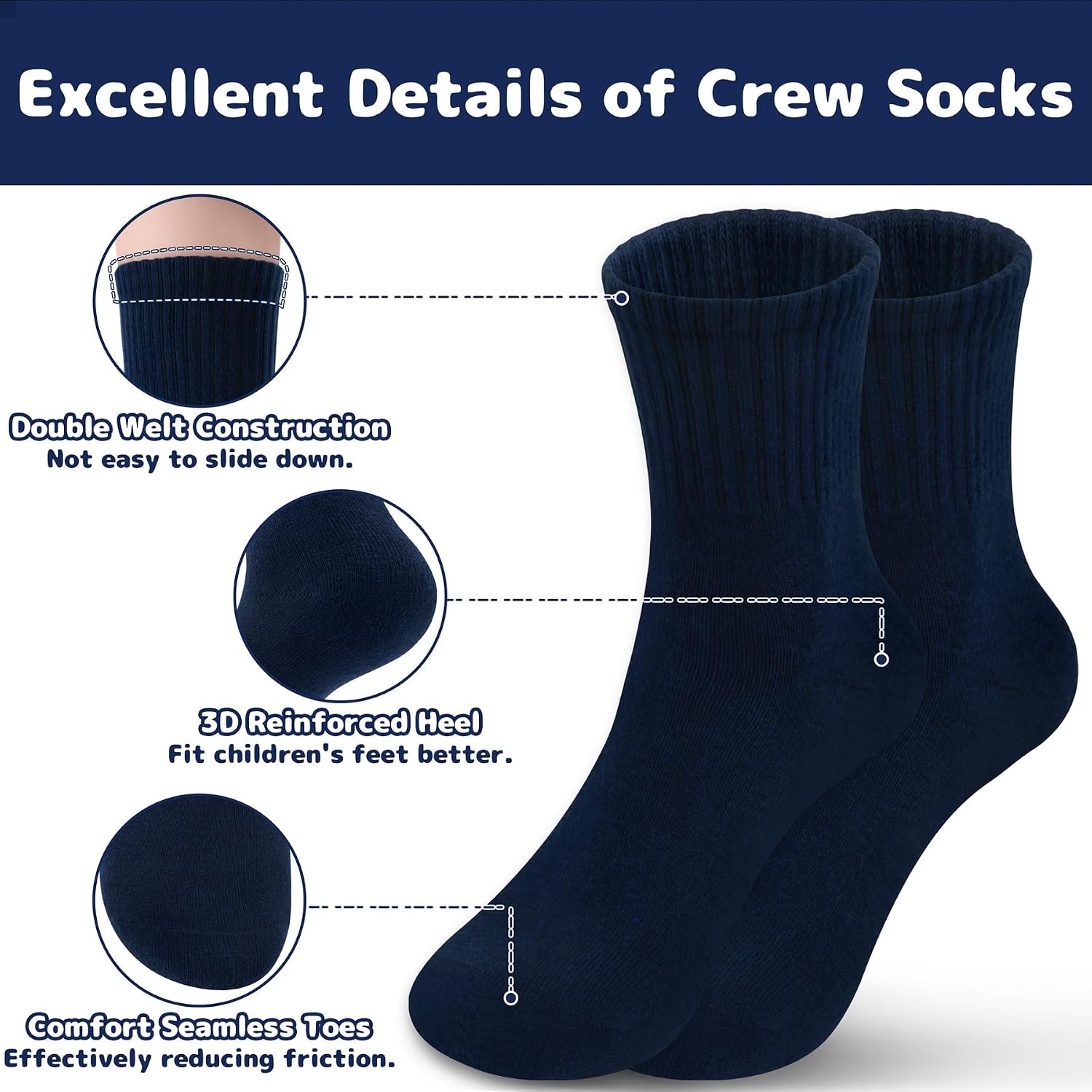 Olreco 6 Pack Girls Crew Socks Boys Socks Cotton Seamless Socks for Kids Crew Socks Toddler Dress Socks School Socks for Girl