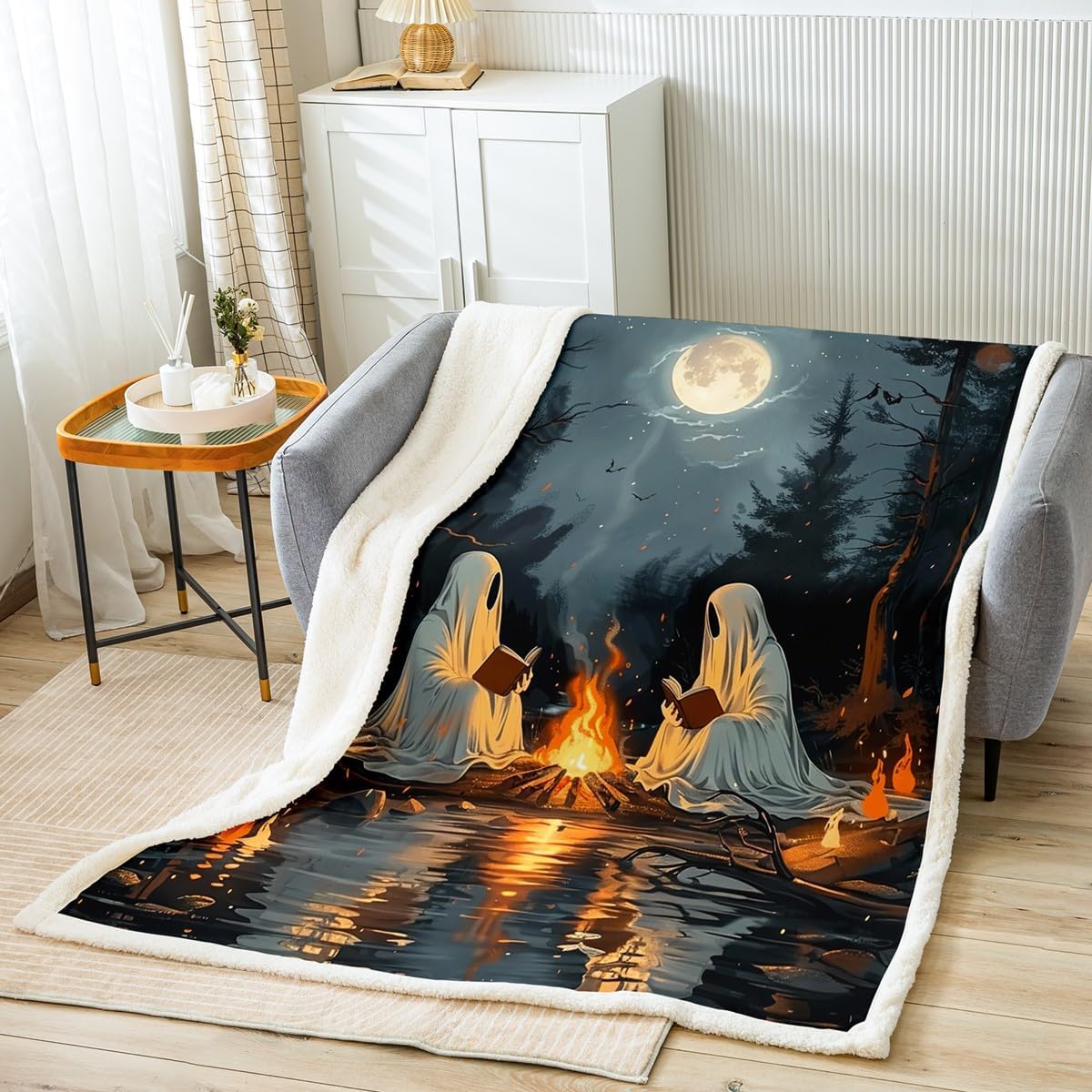 Happy Halloween Flannel Blanket,Cartoon White Ghost Print Fuzzy Blanket for Children Present,Lake Camping Night Moon Decor Polyester Throw Blanket for Couch, Twin Size (60 x 80 Inch)