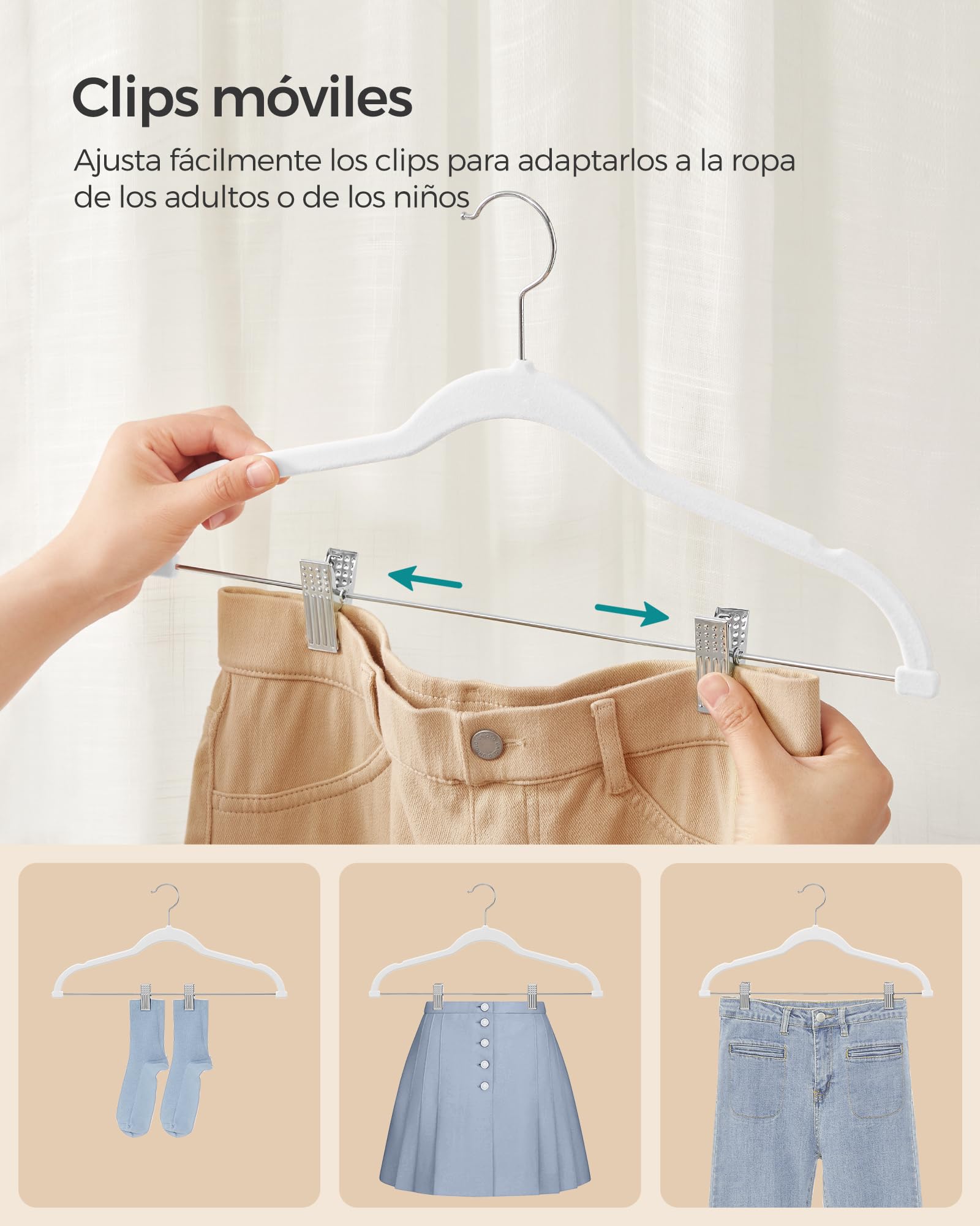 SONGMICS Perchas para Pantalones, 10 Perchas de Terciopelo, 42,5 cm de Largo, con Clips Ajustables, Antideslizantes, Ahorra Espacio, para Pantalones, Abrigos, Vestidos, Blanco CRF012W10