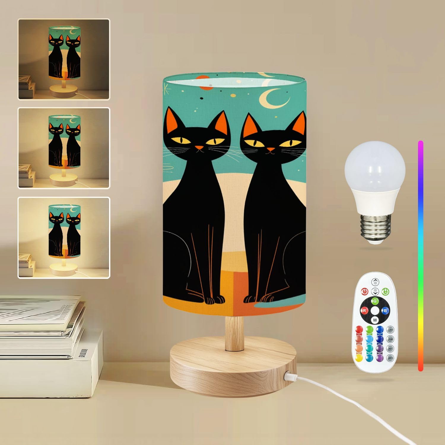 Round Table Lamp for Bedroom Fluorescent Light Covers Ceiling Lights Midcentury Mid Century Cat Age Beside Lamps Desk lamp with Wood Base Nightstand Lamps for Nursery Living Room Home Decor