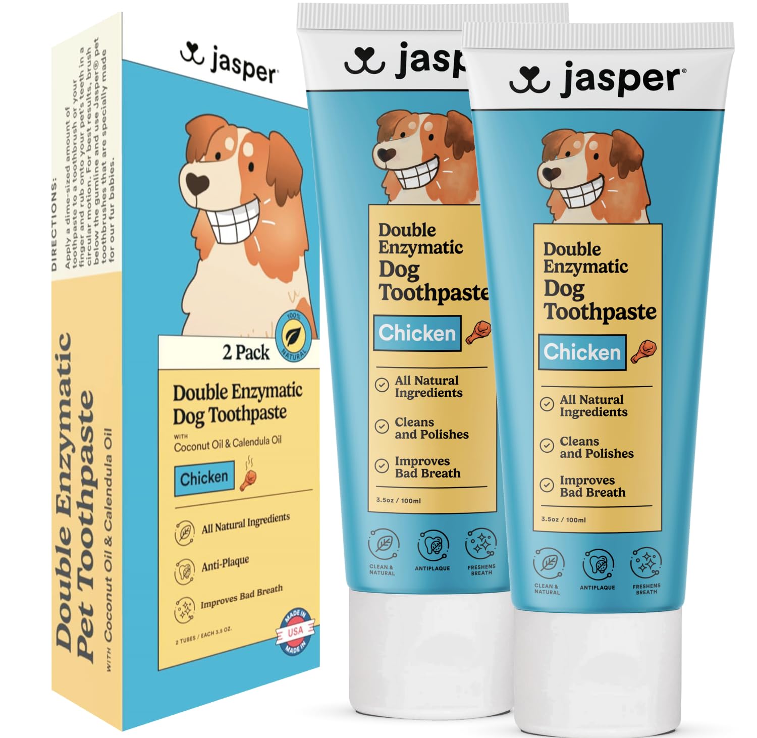Jasper Dog Toothpaste Double Enzymatic Pack of 2 - Plaque Remover for Teeth, Whitens Teeth, Improves Bad Breath Natural Pet Toothpaste, Chicken/Poultry Flavor 3.5oz