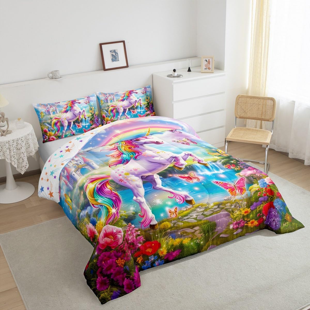 Rainbow Unicorn Full Bedding Set for Kids Adults,Girls Woman Fairy Tale Castle Comforter Bed Set,Spring Garden Floral Butterfly Quilt Set 3 PCS,Pink Sky Clouds Duvet Insert,2 Pillow Cases