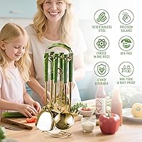 Vista 3 de Juego de utensilios de cocina de 9 piezas, accesorios de cocina para cocinar, acero inoxidable dorado con asas verdes, herramientas de cocina