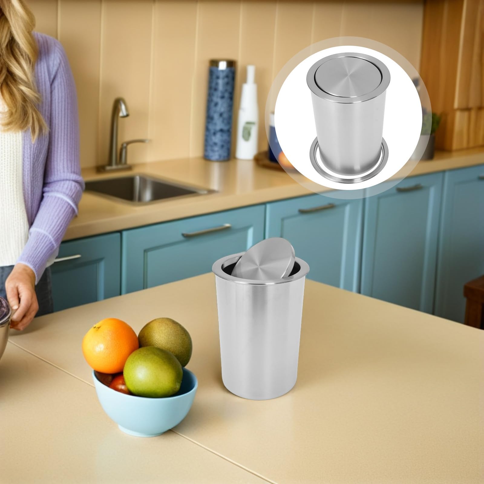 Cubo de Basura con Tapa Abatible Silenciosa Empotrado de Acero Inoxidable Diseño Redondo Moderno y Funcional para Cocina y Restaurante