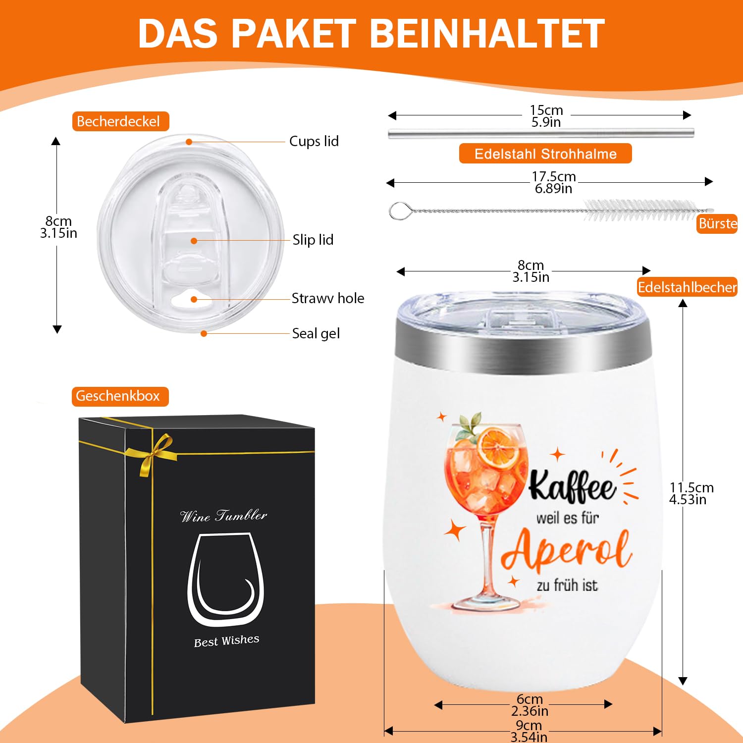 Aperol kubek do wina, stal nierdzewna, 350 ml, owalny, wielokrotnego użytku, podwójne ścianki z izolacją próżniową, dla miłośników aperilu, na imprezę, do baru, kuchni, podróży, prezent dla