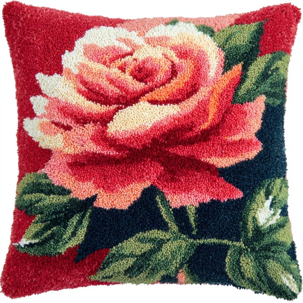 Henypt Latch Hook Cushion Kit 43x43cm,Beautiful Roses Beginner Friendly Needlecraft Set,Adult Craft Hobby kit,Easy Latch Hook for Home Decor,