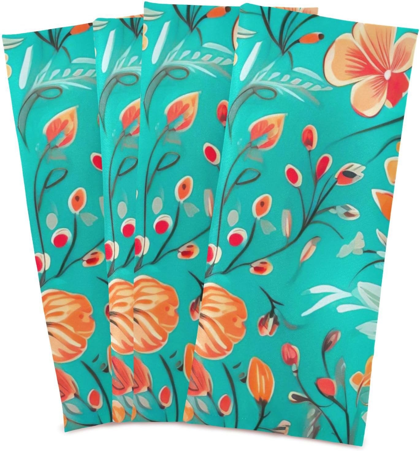Turquoise Orange Floral Kitchen Dish Towels, Soft Hand Towels for Kitchen, Decorative Towels, Set of 4-28 x 18 Inch