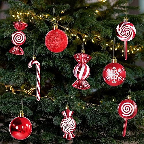 Miniatura 3 de MOYEE - 36 adornos de Navidad rojos y blancos, adornos de Navidad rojos inastillables de plástico para árbol, decoraciones de Navidad de bastón de