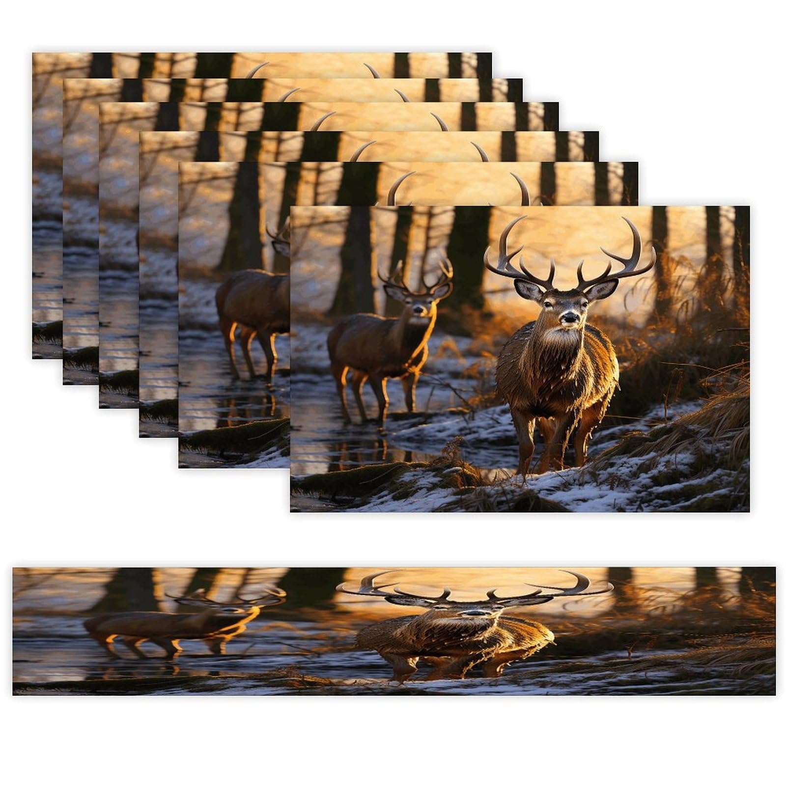 Deers Picture Table Runner and Placemats of 6 Washable Heat Resistant Place Mats with Table Runner Vintage Holiday Table Mat Set for Holiday Party Kitchen Dining Deco